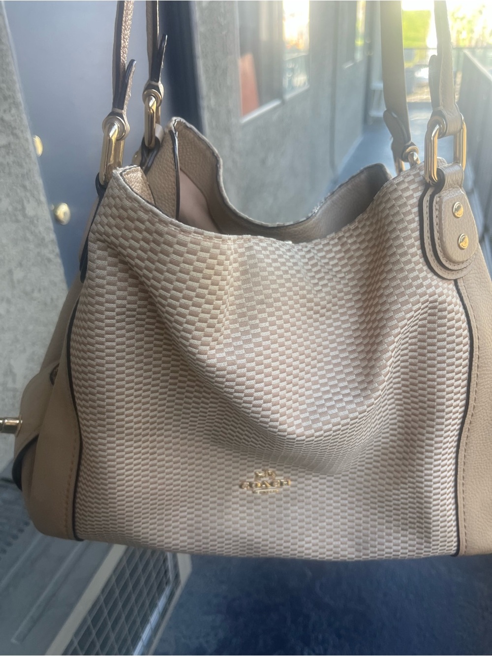 Coach Beige Woven Shoulder Bag with Gold Hardware